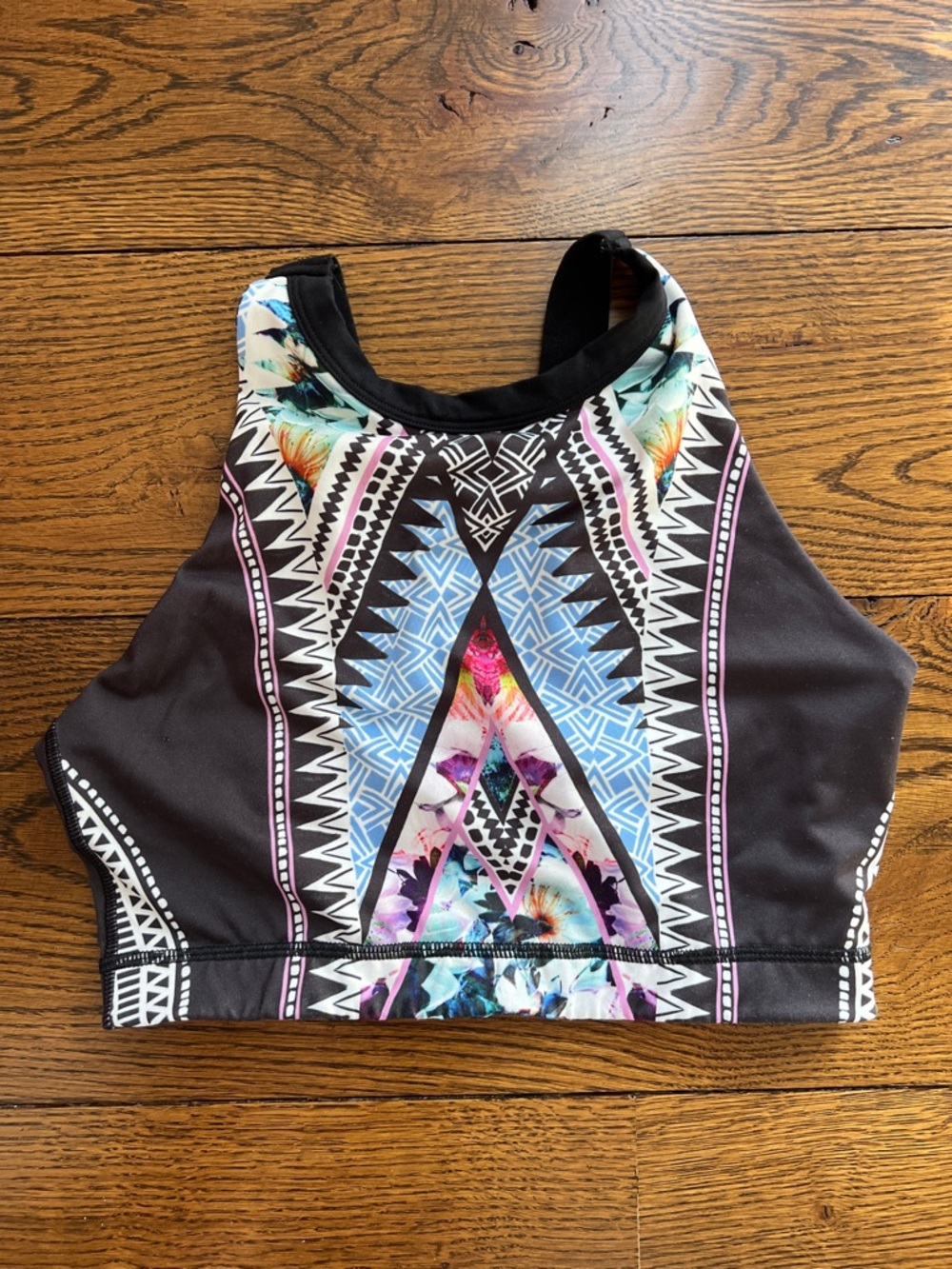 MINKPINK High-Neck Floral Geometric Sports Bra - Black & Multicolor